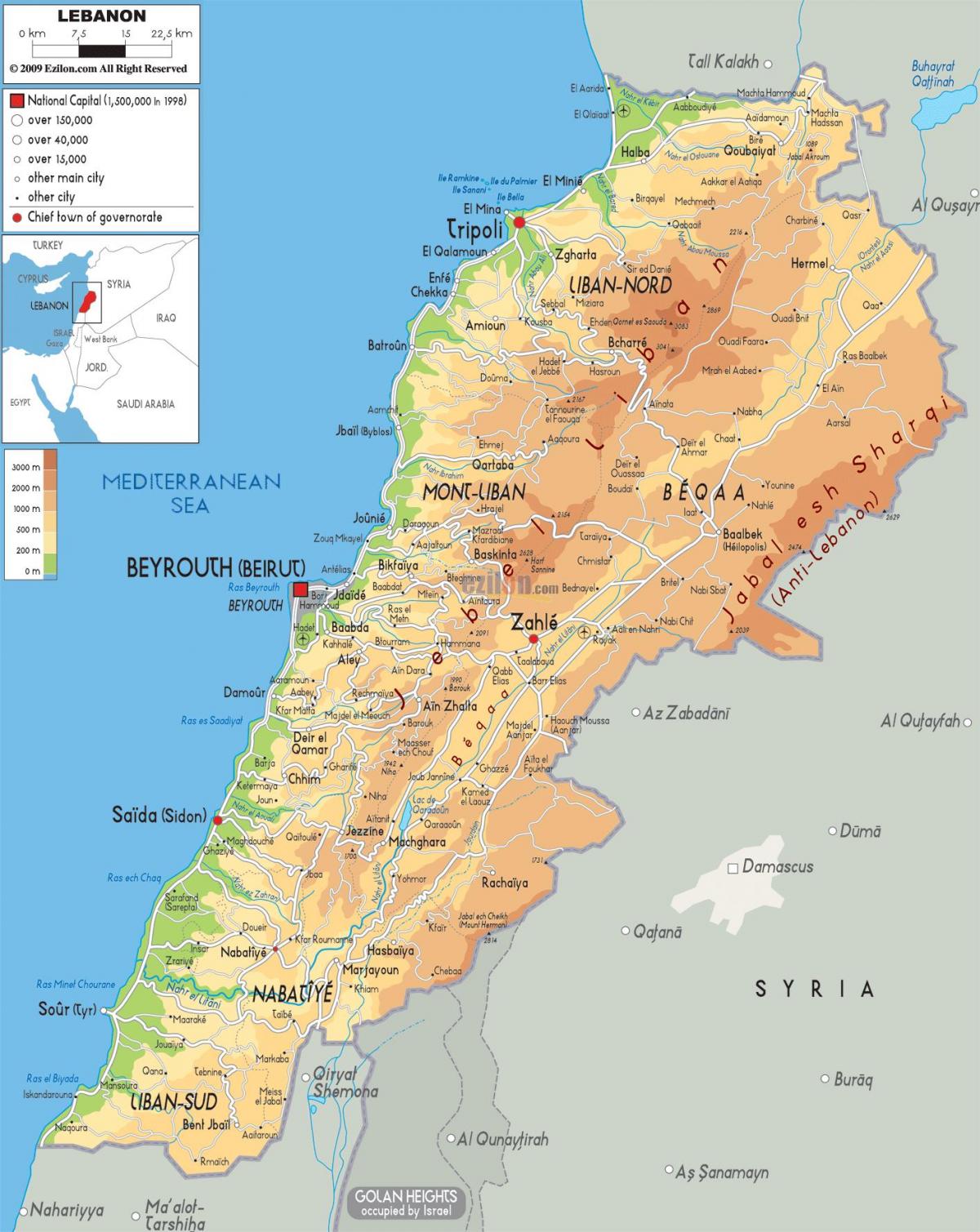 peta dari Lebanon fisik